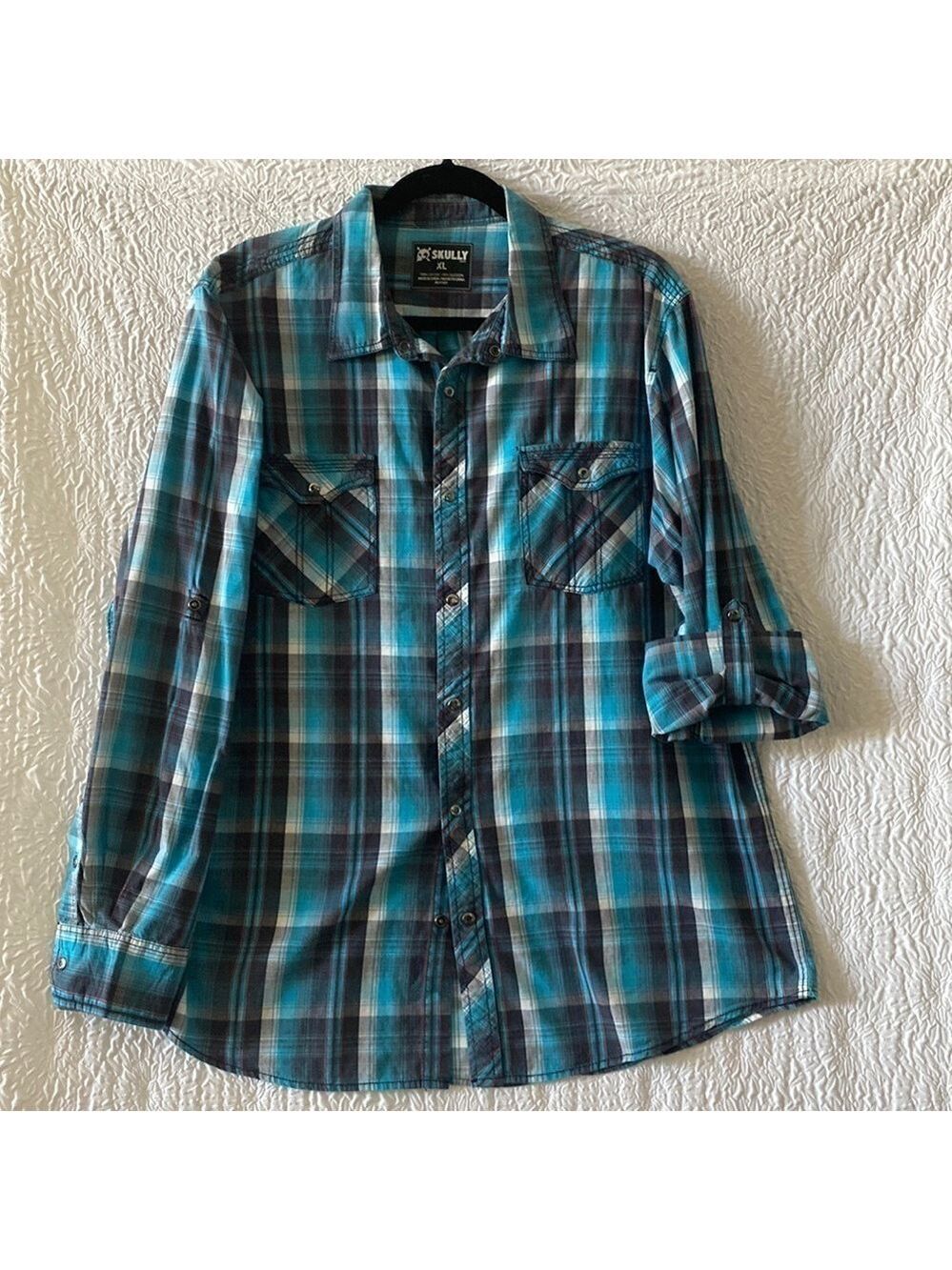Skully Plaid Retro Western Snap Down Long Sleeve Shirt